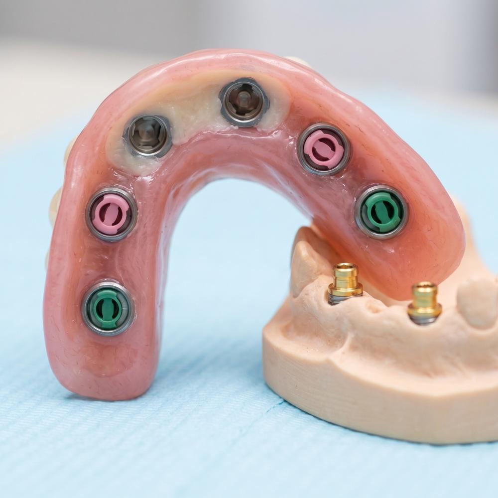 Lower jaw titanium abutments and custom pink snap-on overdenture mechanism before and after in Philadelphia - After